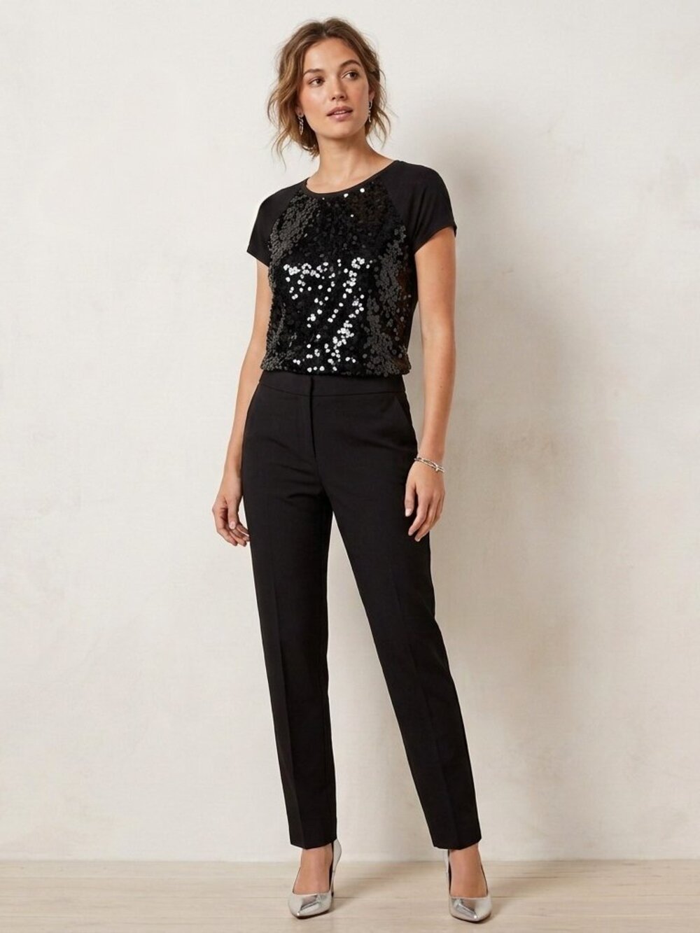 LOFT Black Sequin Short Sleeve Mixed Media Raglan Top - Size XS